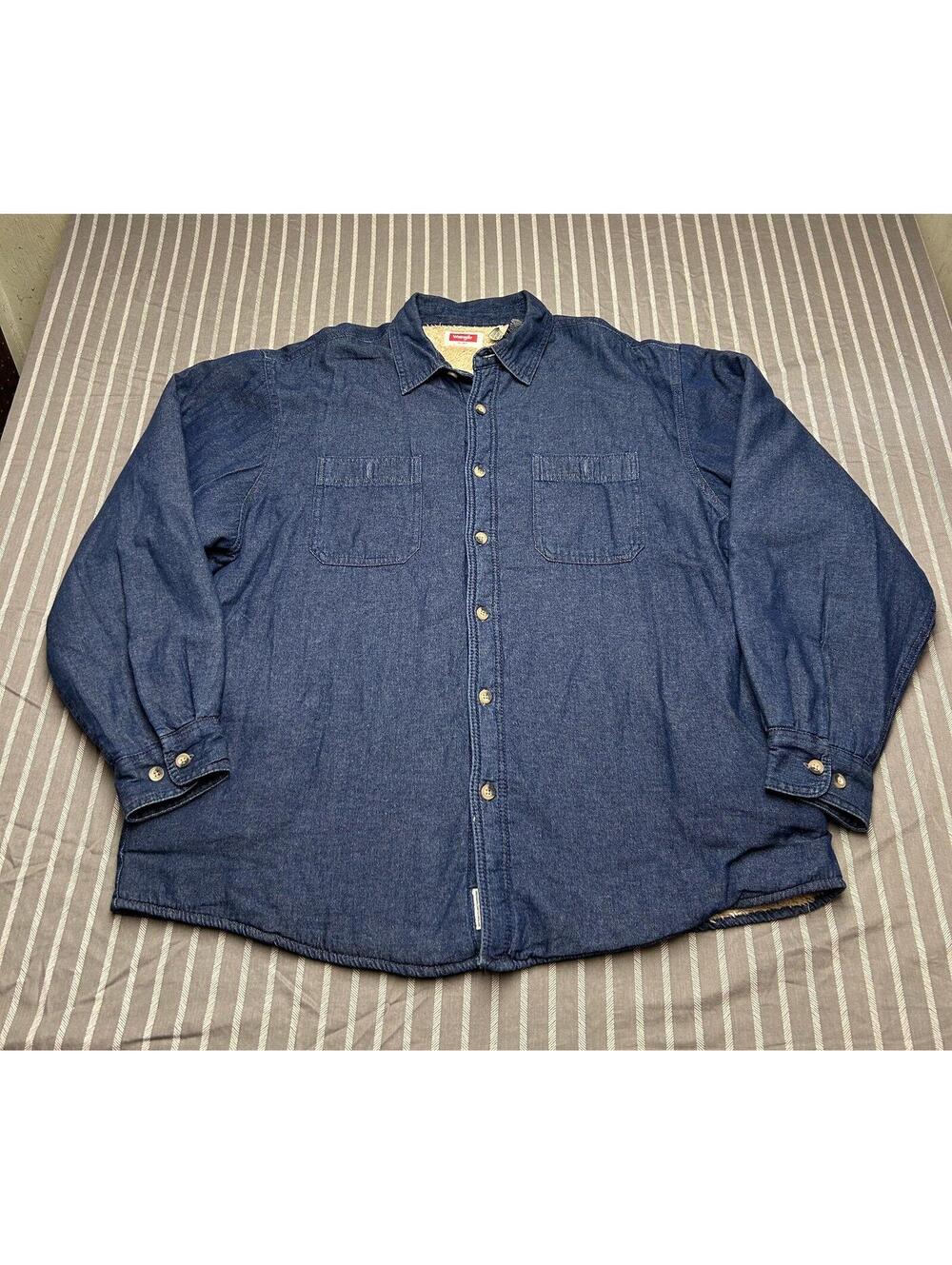 Wrangler Jacket Mens XL Blue Sherpa Lined Denim Button Up Western Workwear Cozy